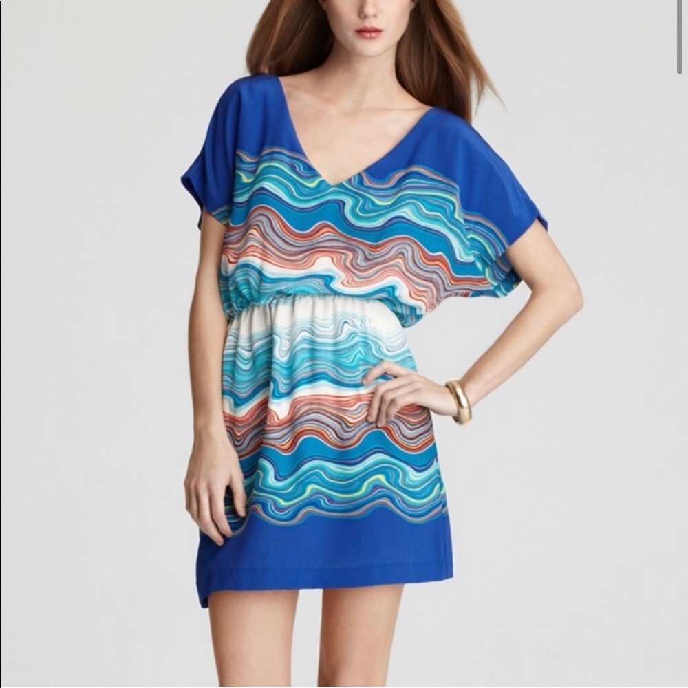 Trina Turk Agate Swirl Caspian Blue Silk Dress 0